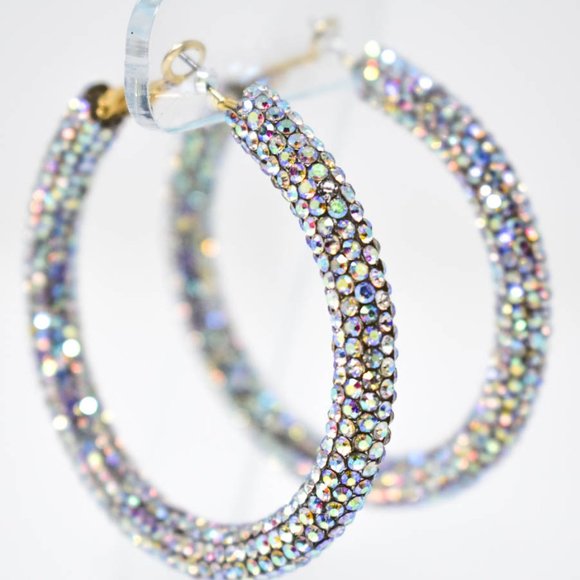 2.25" AB Clear Pave Wrap Rhinestone Hoop Earrings - Picture 6 of 9